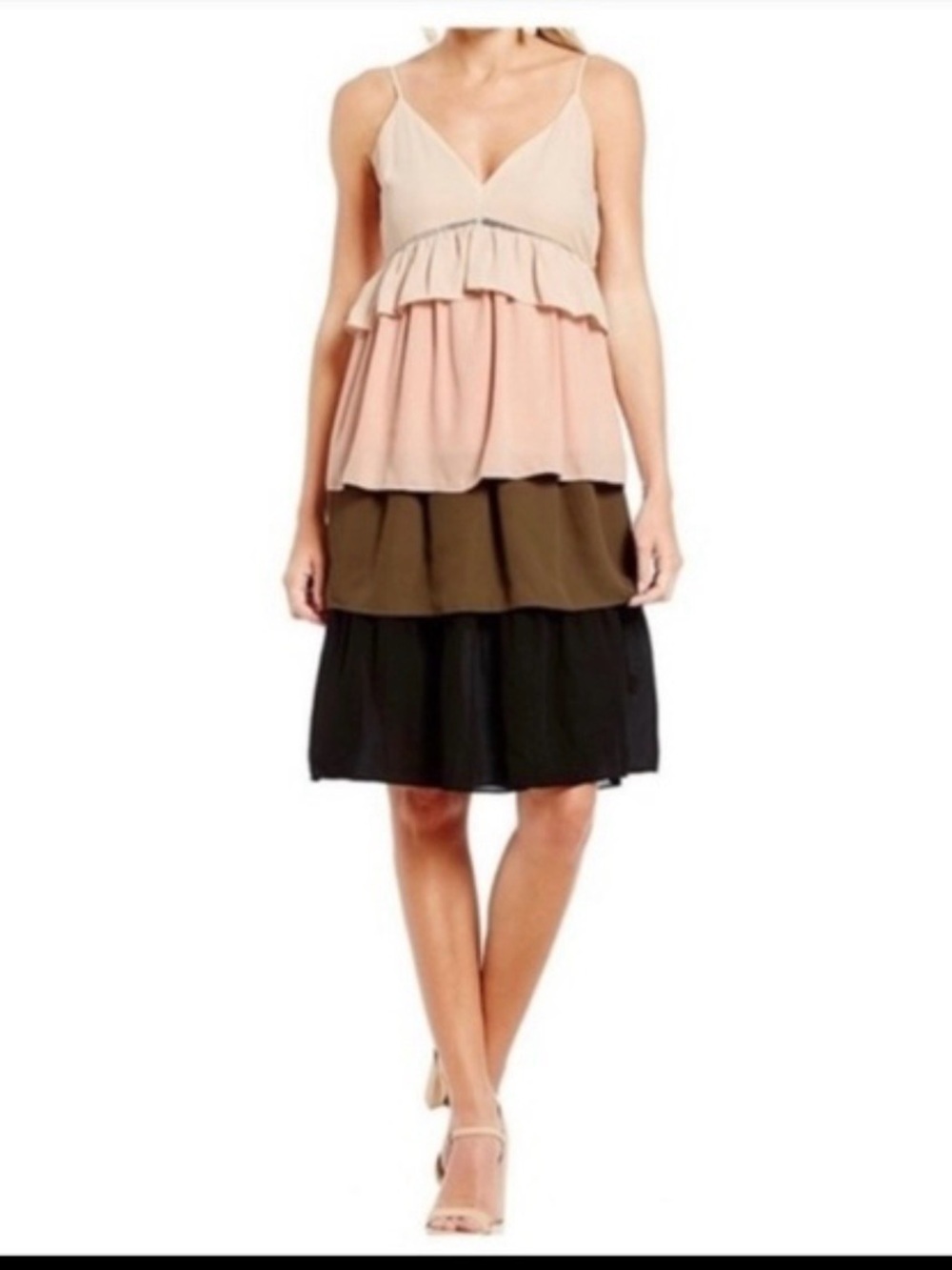 Gianni Bini Pink Olive Black Tiered Spaghetti Strap Dress NWT